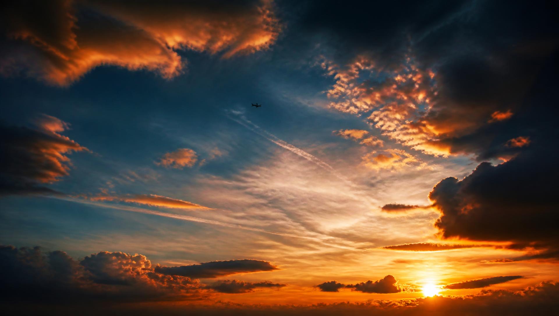 Airplane crossing a glowing sunset sky