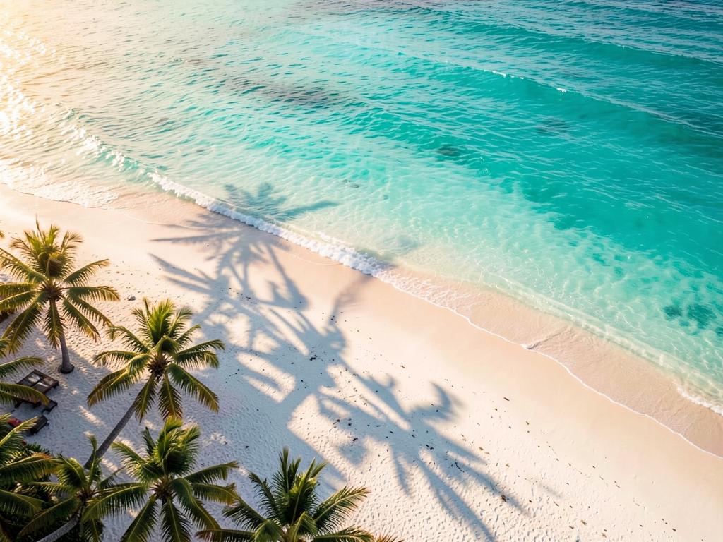 Turquoise coastline with palm shadows on white sand