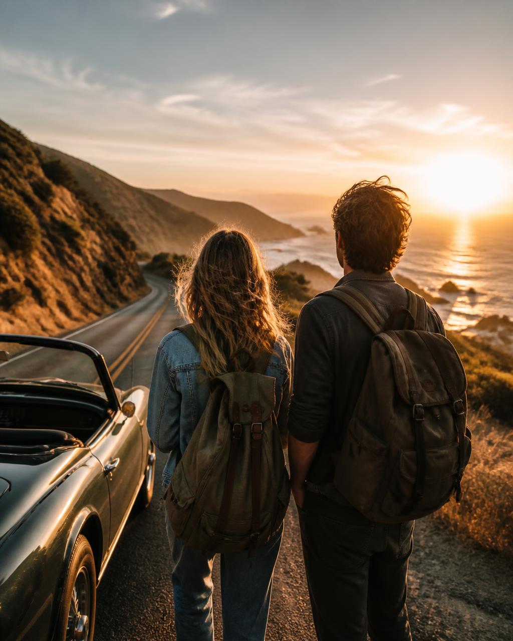 Two travellers watching the sunset from a coastal road